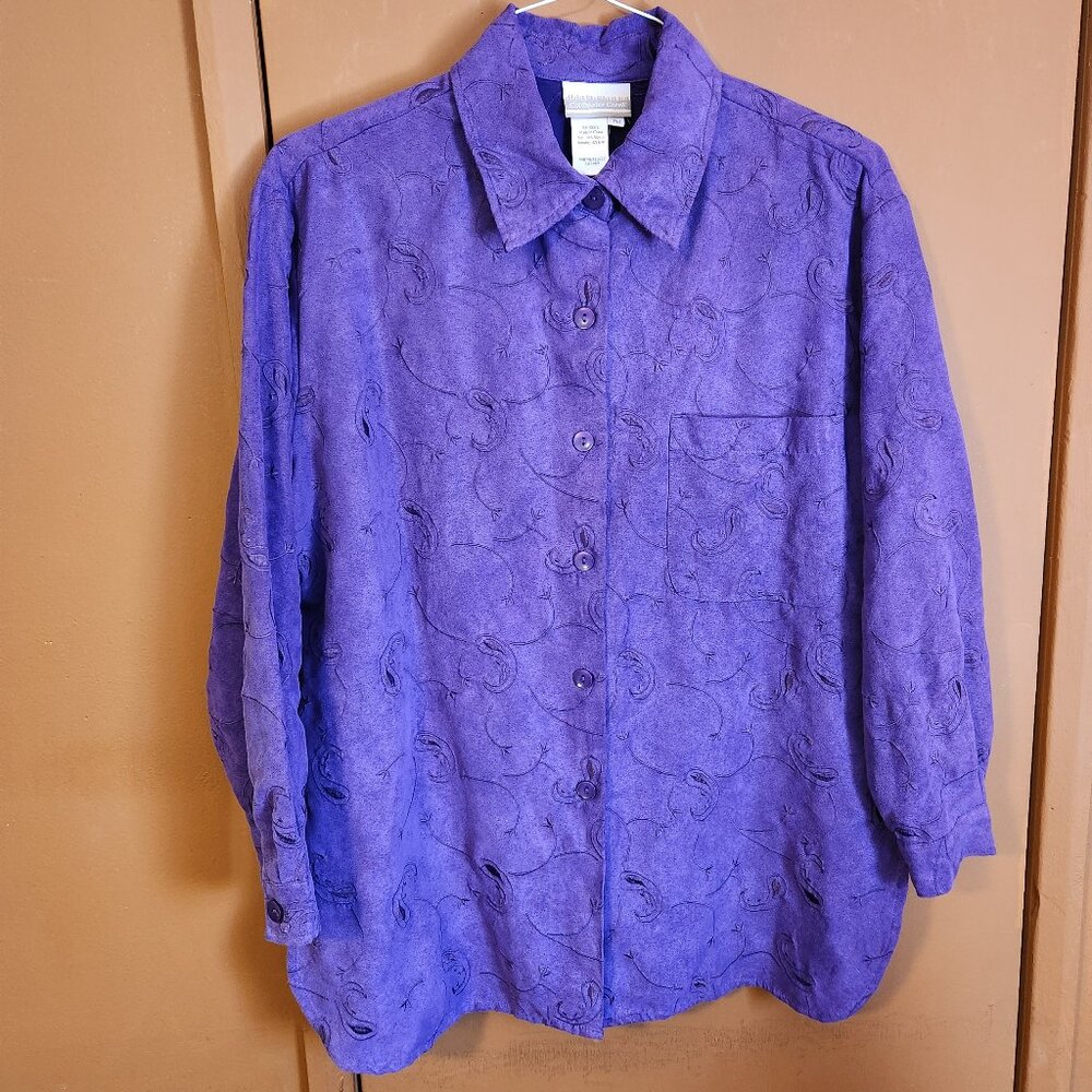 Faux Suede Button up Embroidered Shirt / Blouse in Purple sz PM Coldwater Creek